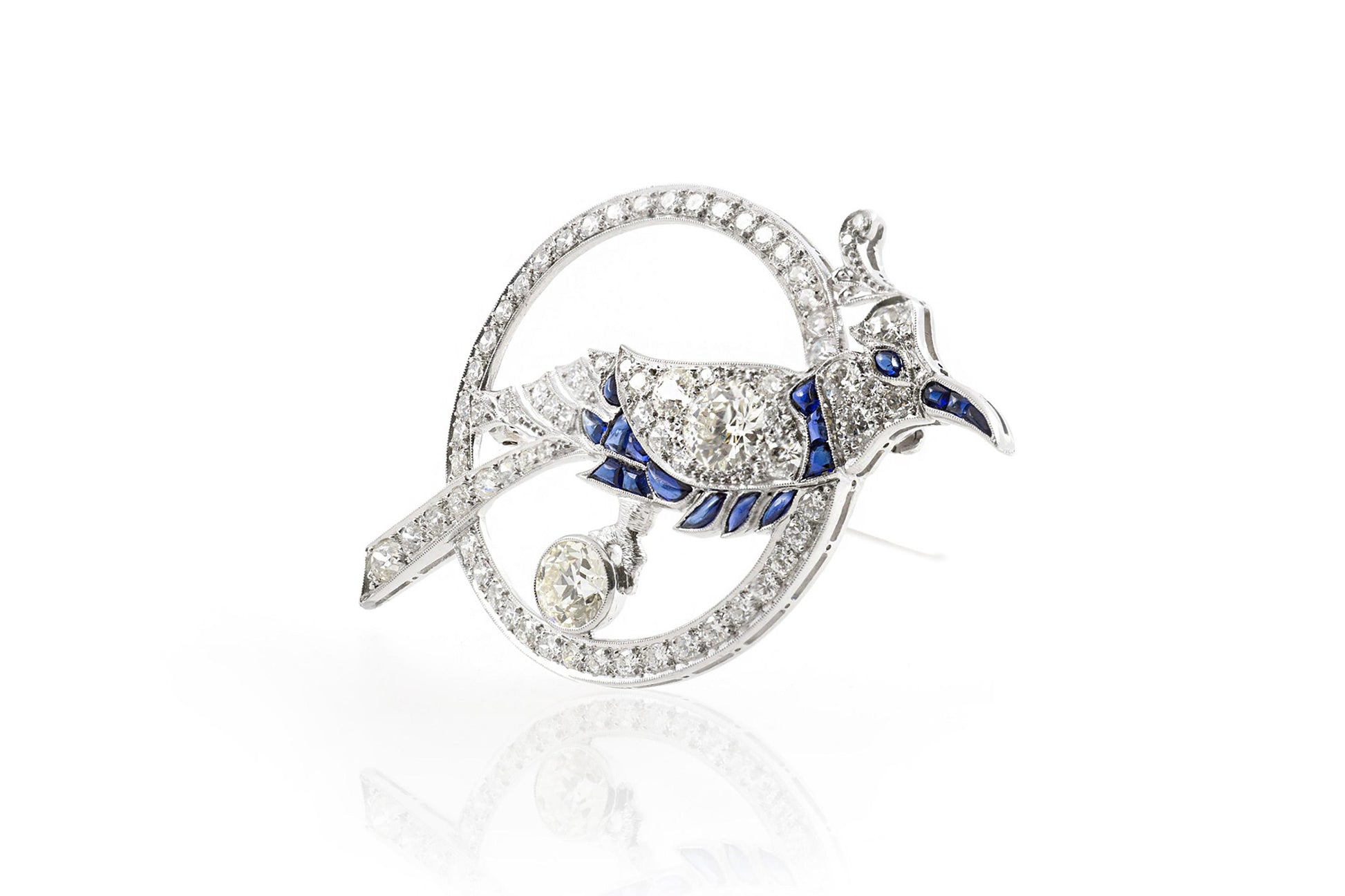 Antique Art Deco 1930s 4.00 Carat Diamond Bird Brooch Pendant with Sapphires