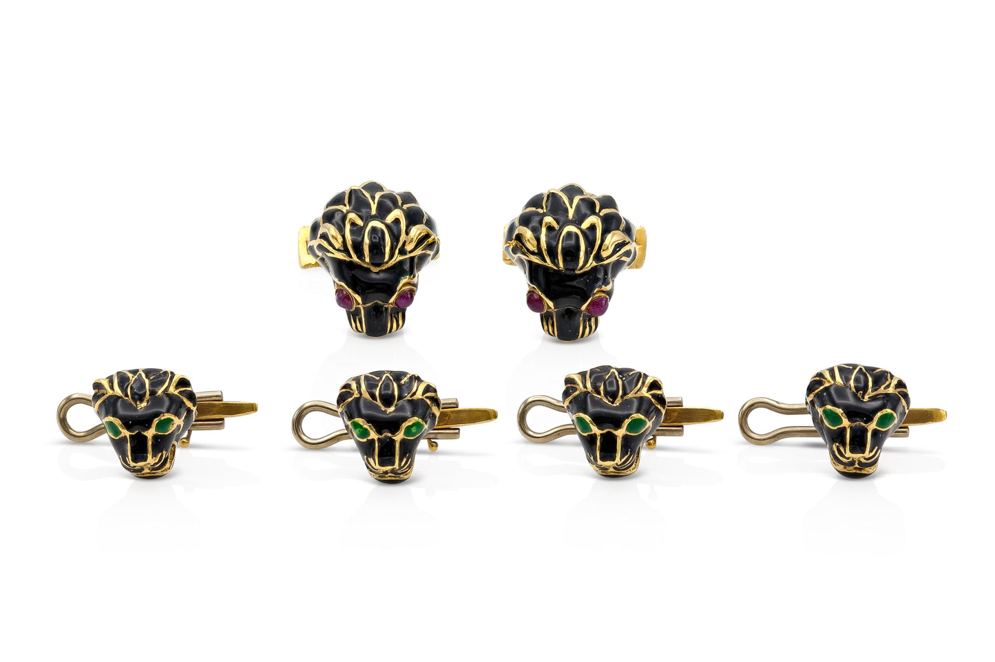 Vintage 1960s David Webb Black Lion Stud Set with Cabochon Rubies