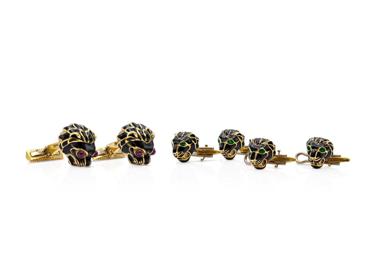 Vintage 1960s David Webb Black Lion Stud Set with Cabochon Rubies