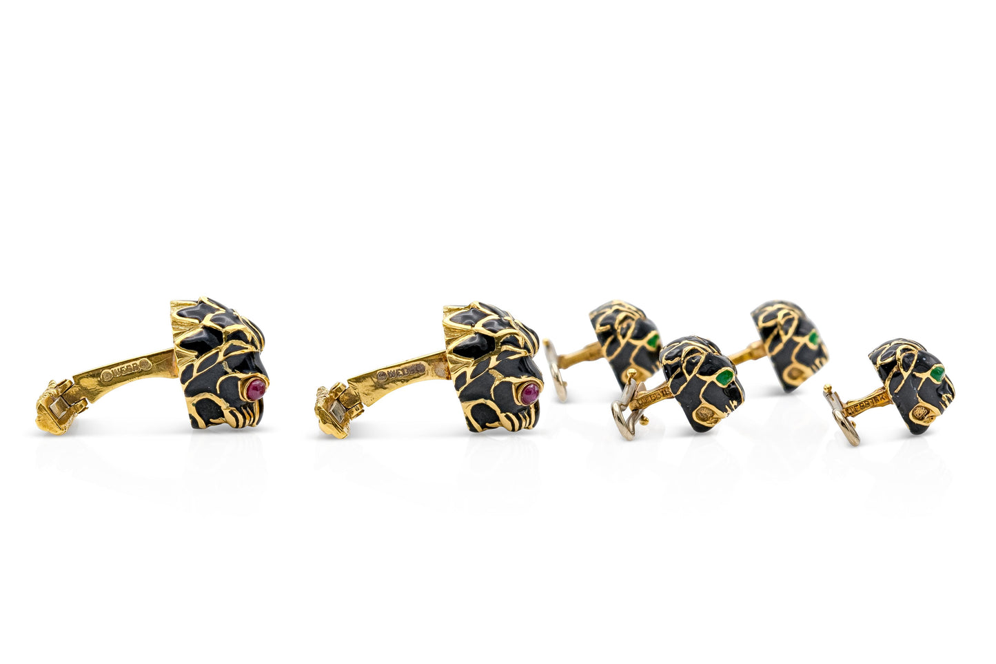 Vintage 1960s David Webb Black Lion Stud Set with Cabochon Rubies