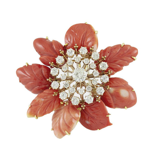 Vintage 1960s David Webb Coral Flower Pin with Diamonds