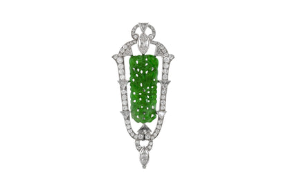 Antique Art Deco 1930s Jade and Diamond Brooch Pendant