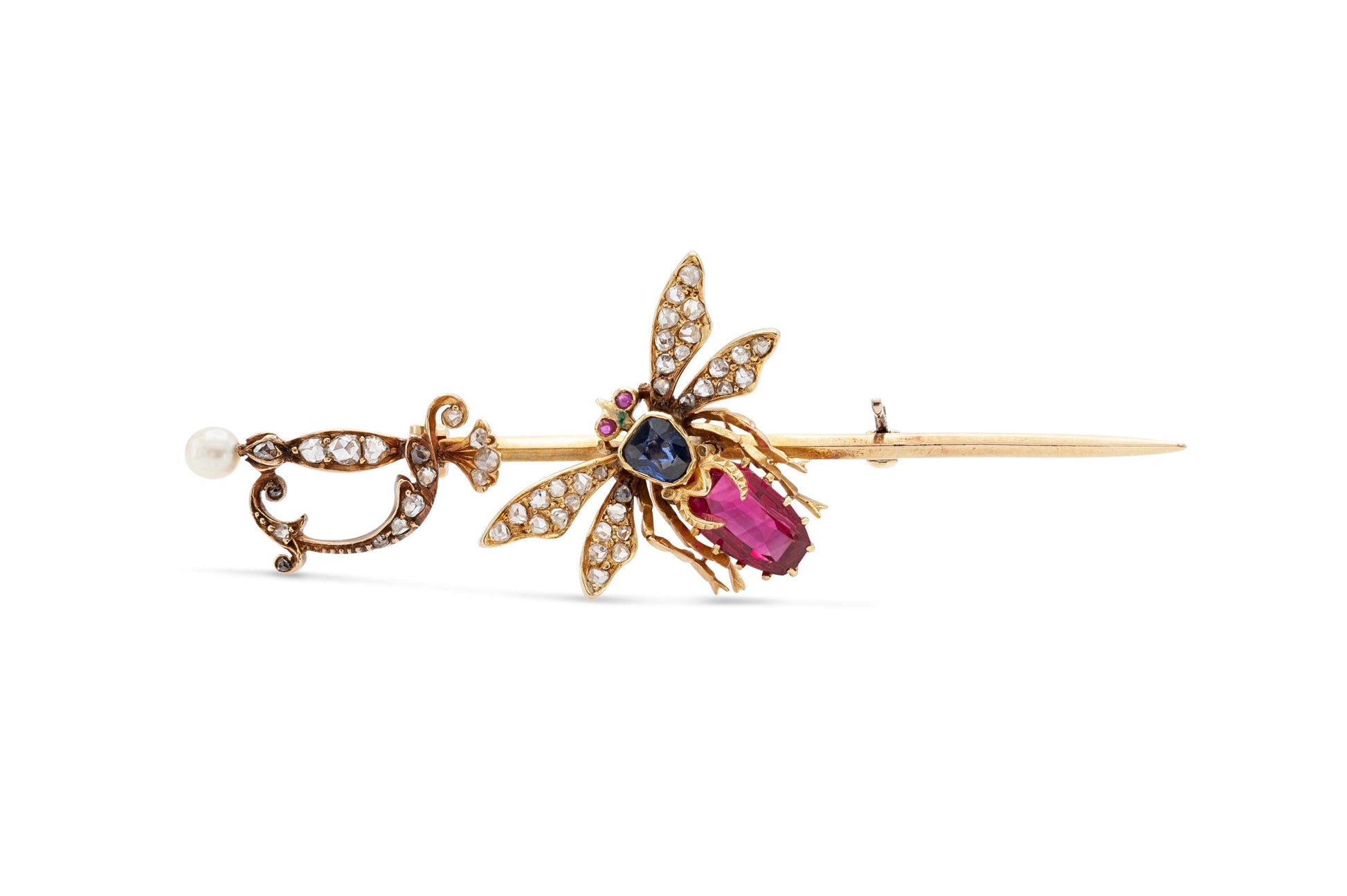 Antique Victorian Red Spinel Bug and Sword Stick Pin with Sapphire and Diamonds