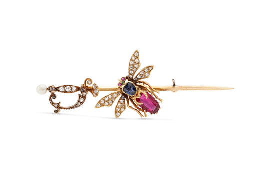 Antique Victorian Red Spinel Bug and Sword Stick Pin with Sapphire and Diamonds