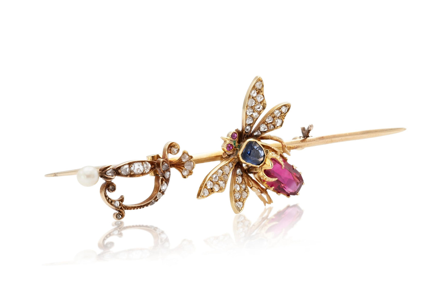 Antique Victorian Red Spinel Bug and Sword Stick Pin with Sapphire and Diamonds