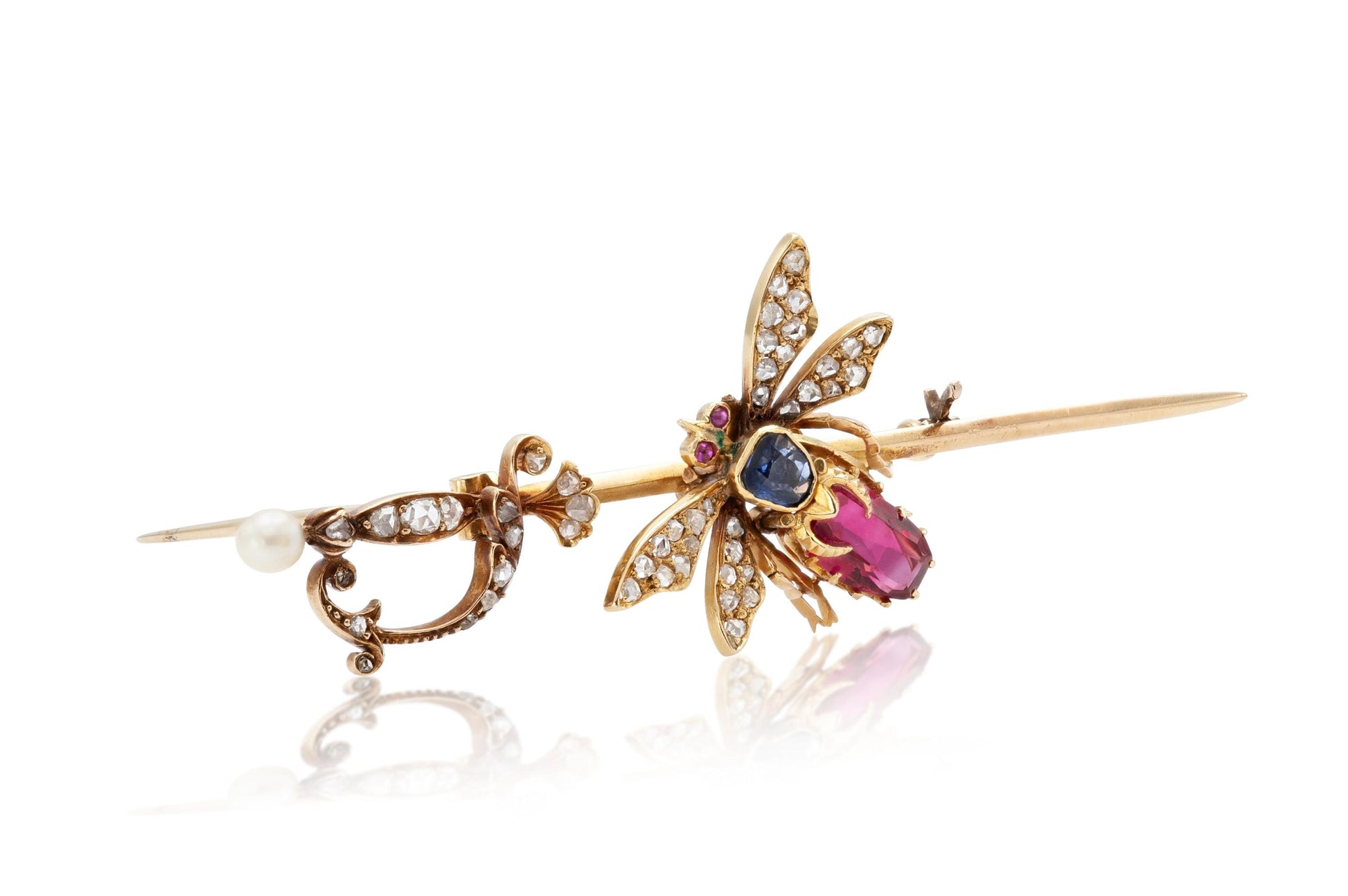 Antique Victorian Red Spinel Bug and Sword Stick Pin with Sapphire and Diamonds