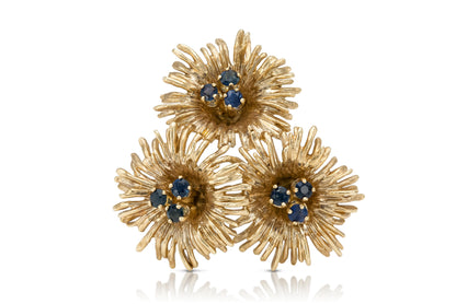 Vintage 1940s Retro Tiffany & Co. Gold Tri Flower Brooch with Sapphires