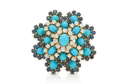 Vintage 1950s Turquoise, Diamond & Sapphire Flower Brooch