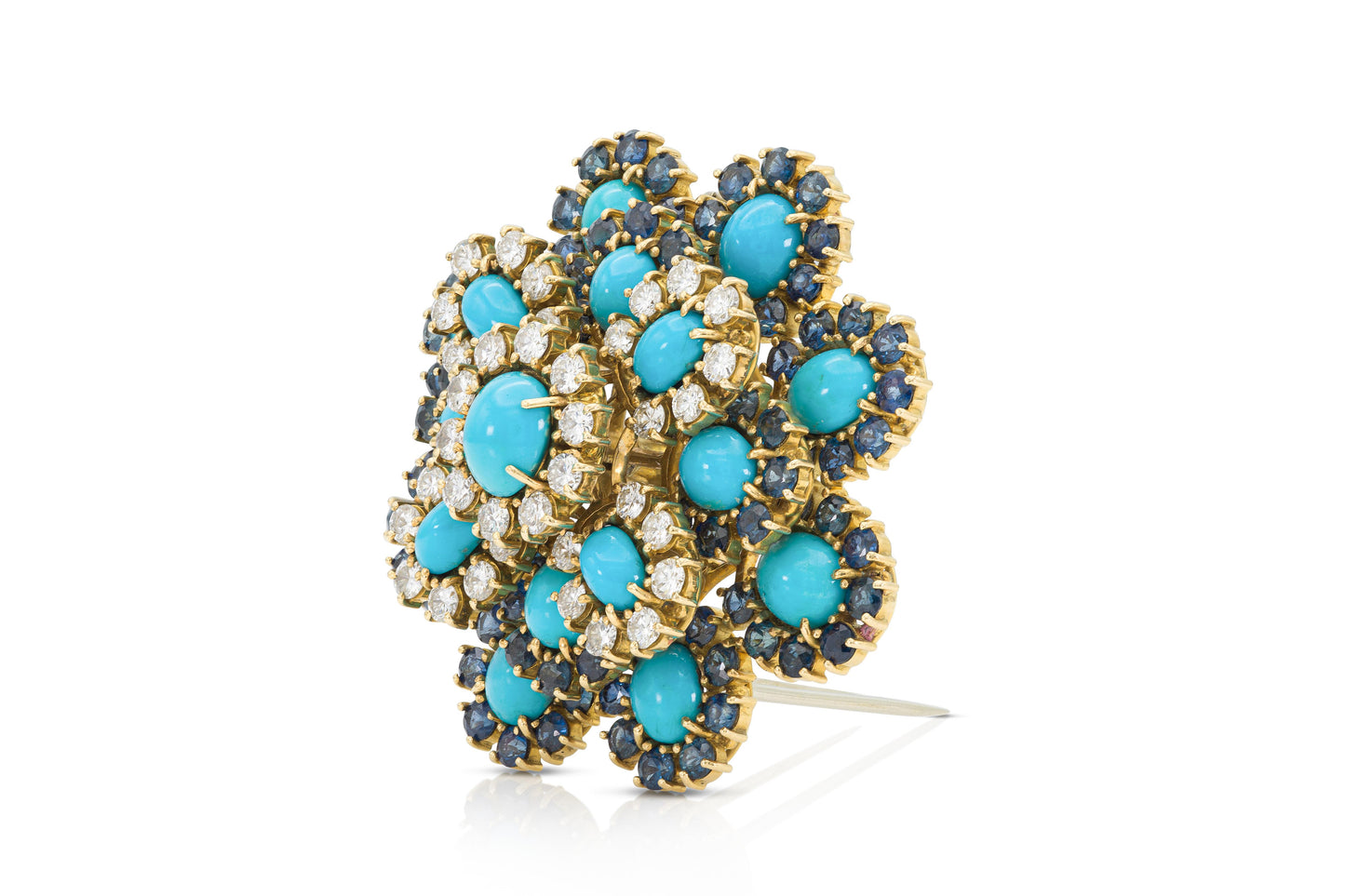 Vintage 1950s Turquoise, Diamond & Sapphire Flower Brooch