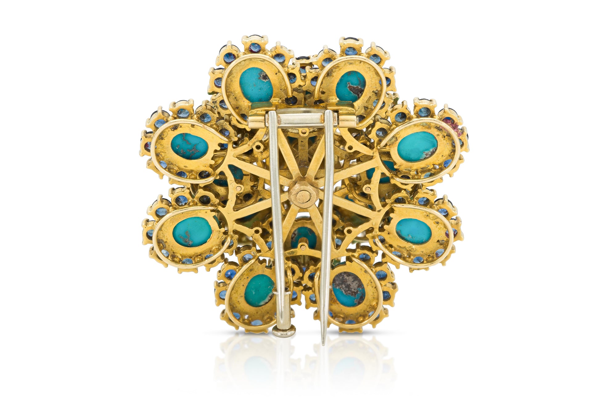 Vintage 1950s Turquoise, Diamond & Sapphire Flower Brooch