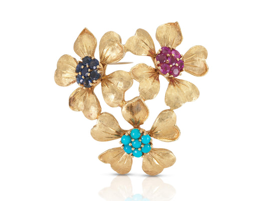 Vintage 1940s Retro Gold Three Flower Brooch with Multi-Color Stones