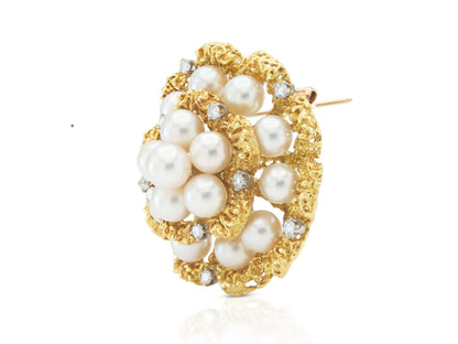 Vintage 1950s Tiffany & Co. Gold and Pearl Brooch with Diamonds