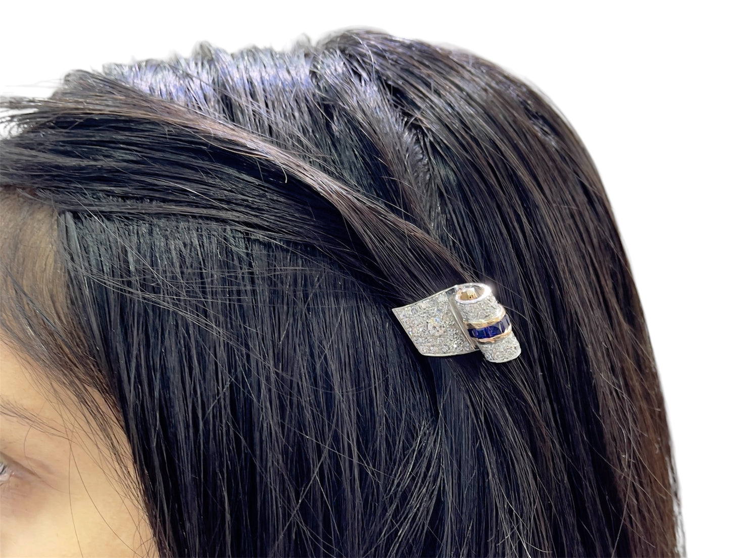 Vintage 1940s Retro 3.90 Carat Diamond Hair Clip Set with Sapphires