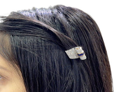 Vintage 1940s Retro 3.90 Carat Diamond Hair Clip Set with Sapphires
