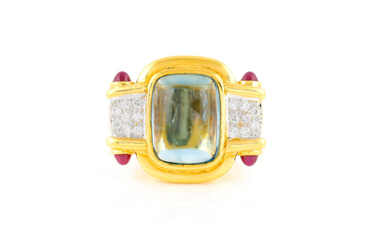 Vintage 1980s 8.00 Carat Cabochon Aquamarine Ring with Diamonds and Rubies