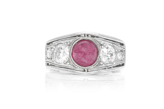 Antique Art Deco 1930s 0.80 Carat Cabochon Ruby and 1.30 Carat Diamonds Ring