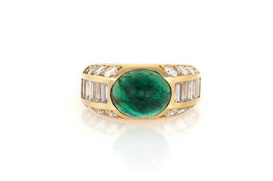 Vintage 1980s 3.00 Carat Cabochon Emerald Ring with Diamonds