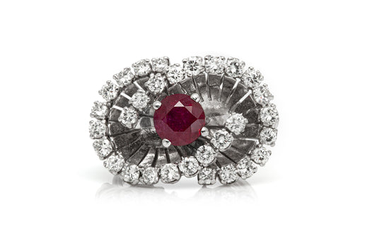 Vintage 1950s 1.77 Carat Round Cut Ruby and 2.00 Carat Diamonds Ring