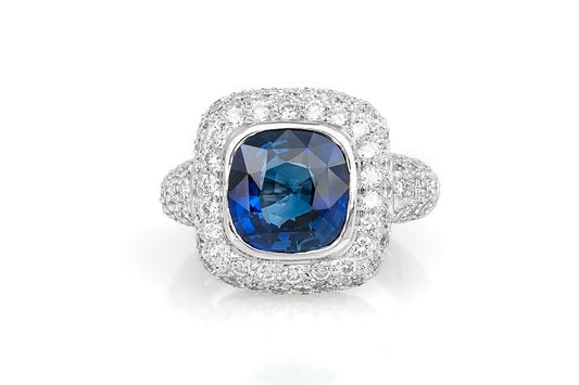 5.36 Carat Cushion Cut Sapphire Ring with Diamonds