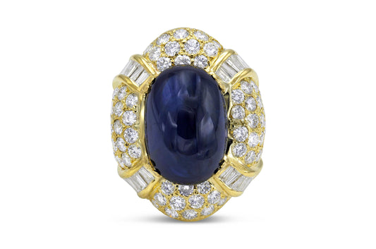 Vintage 1970s 22.79 Carat Cabochon Sapphire Ring with Diamonds