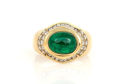 Vintage 1980s 2.69 Carat Cabochon Emerald Ring and Diamonds