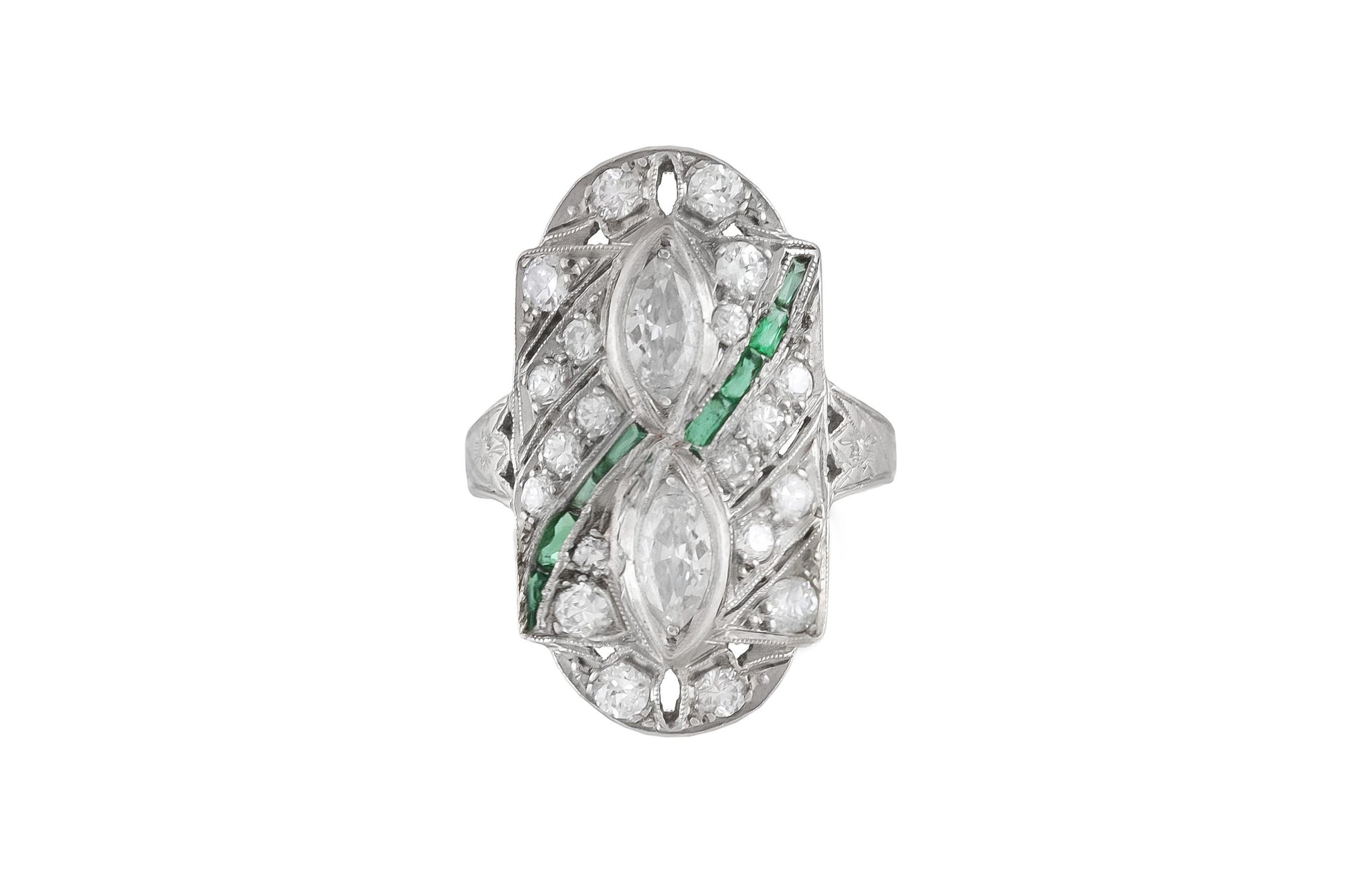 Antique Art Deco 1920s 1.50 Carat Diamond Dinner Ring with Emeralds