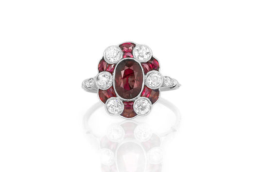 Antique Art Deco 1920s 5.00 Carat Ruby and 1.10 Carat Diamond Flower Ring