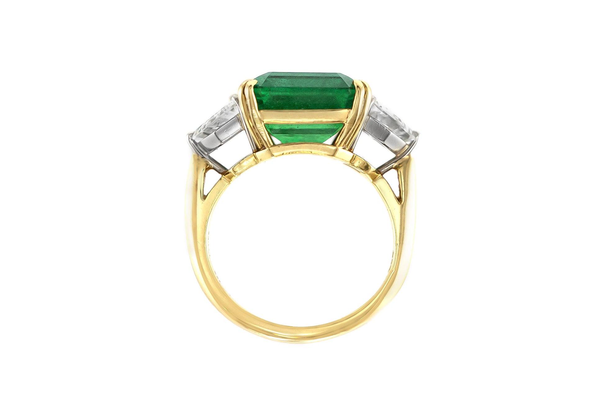 7.60 Carat Emerald and 1.30 Carat Shield cut Diamonds Ring