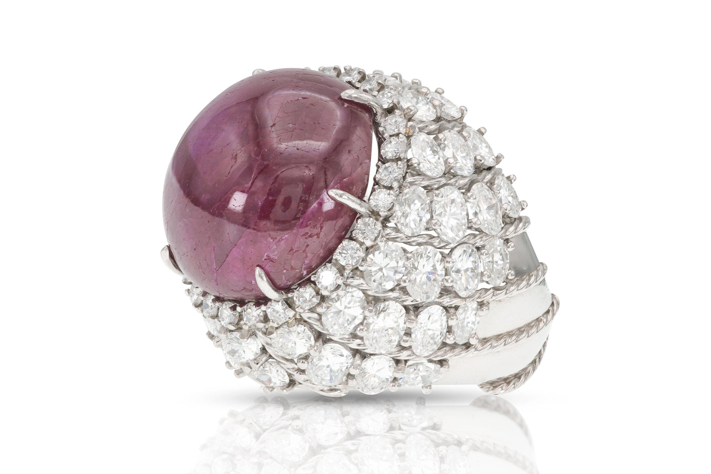 Vintage 1950s 40.73 Carat Cabochon Burma Star Ruby Ring with Diamonds