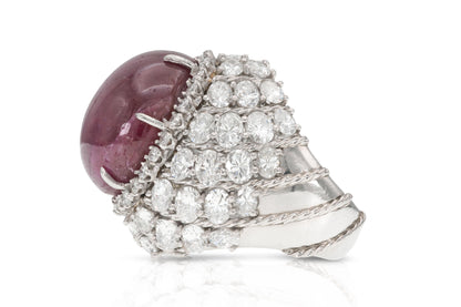 Vintage 1950s 40.73 Carat Cabochon Burma Star Ruby Ring with Diamonds