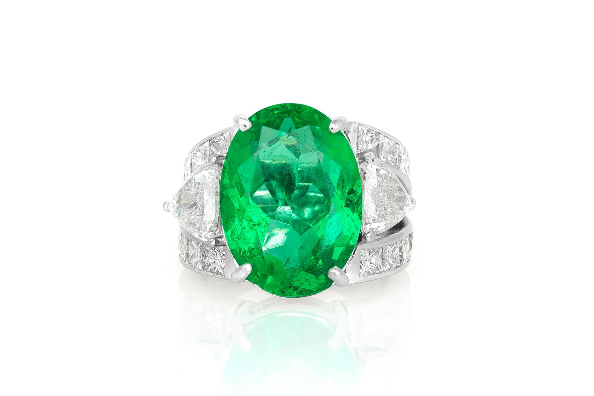 Vintage 1950s 10.08 Carat Oval Cut Colombian Emerald Ring with Diamonds