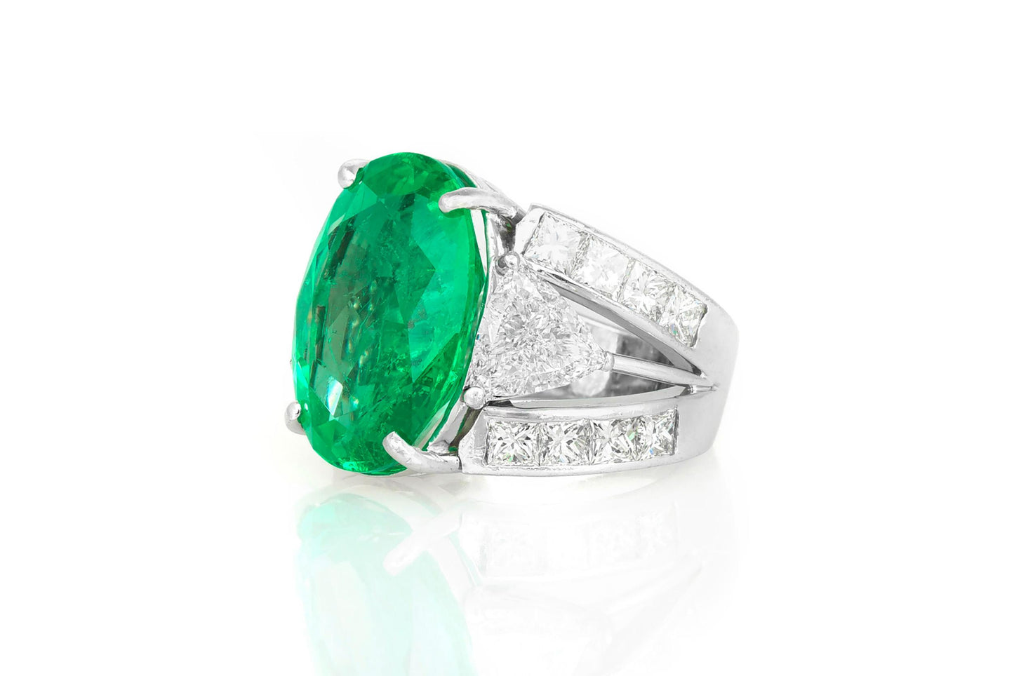 Vintage 1950s 10.08 Carat Oval Cut Colombian Emerald Ring with Diamonds