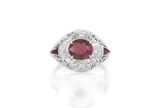 Antique Art Deco 1920s 1.84 Carat Oval Cut Ruby Ring with Diamonds