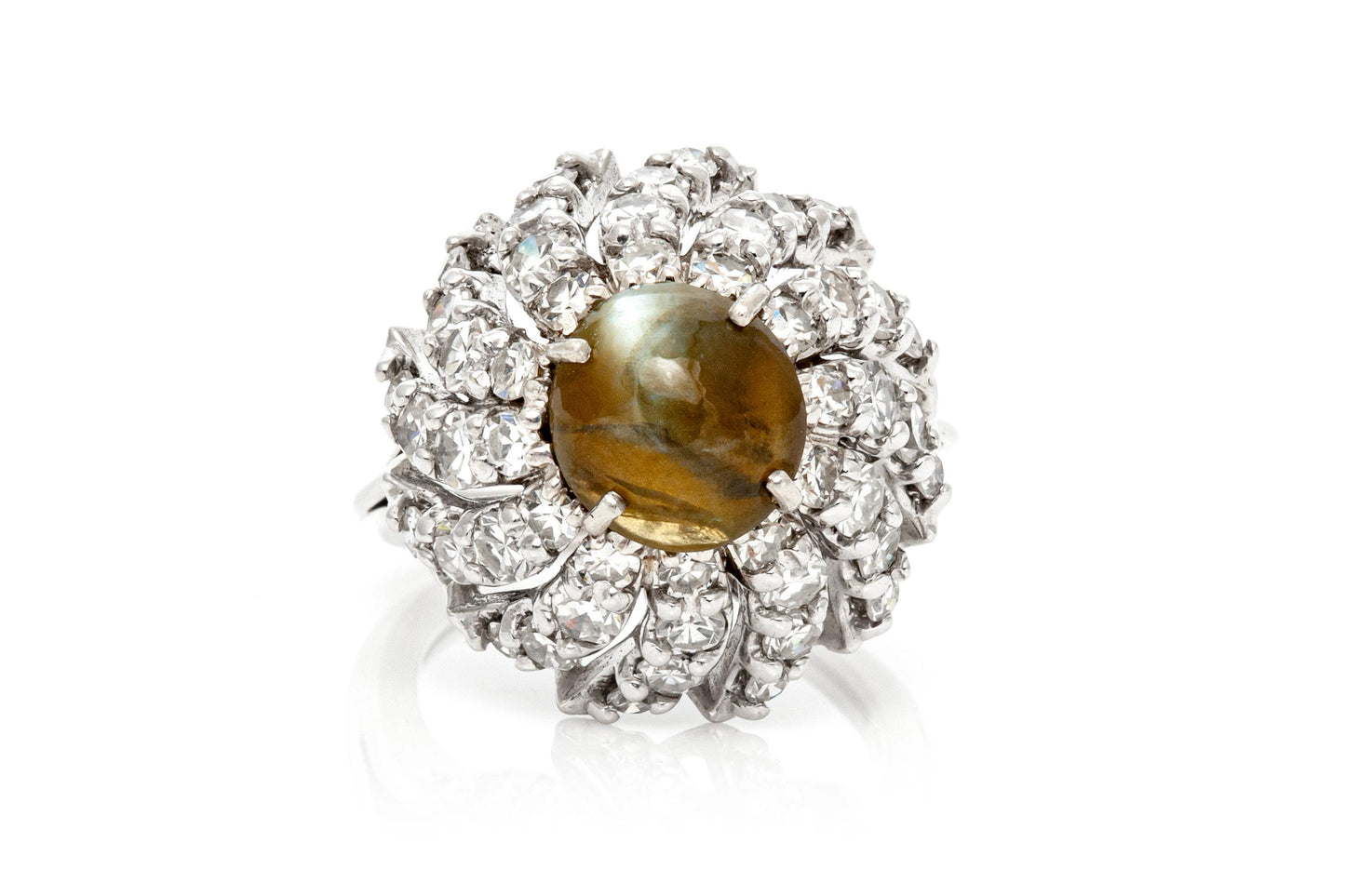 Vintage 1950s 2.50 Carat Cat's Eye and 2.00 Carat Diamond Cocktail Ring