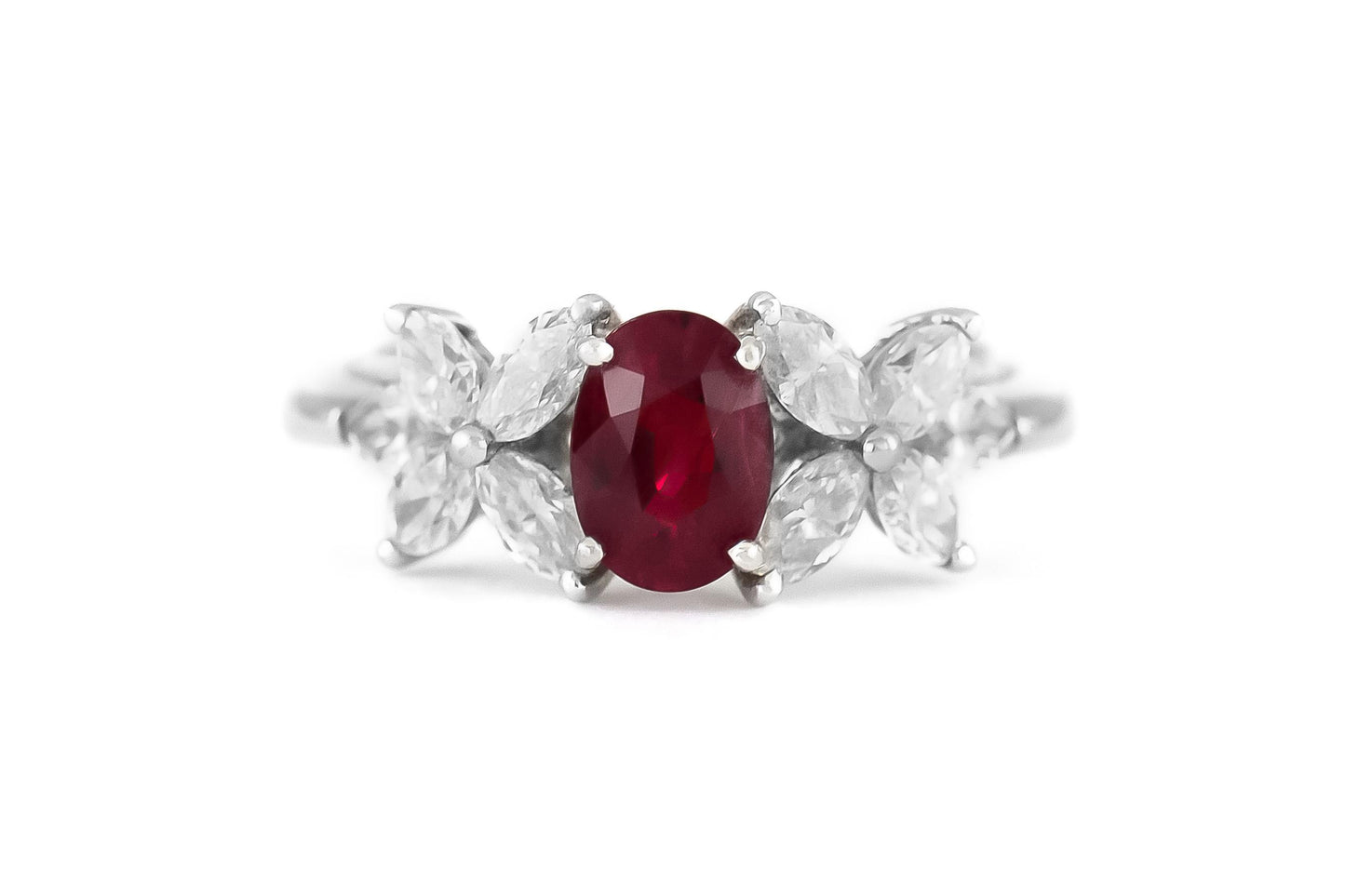 Vintage 1970s 0.93 Carat Oval Cut Ruby & 1.06 Carat Diamond Flowers Ring