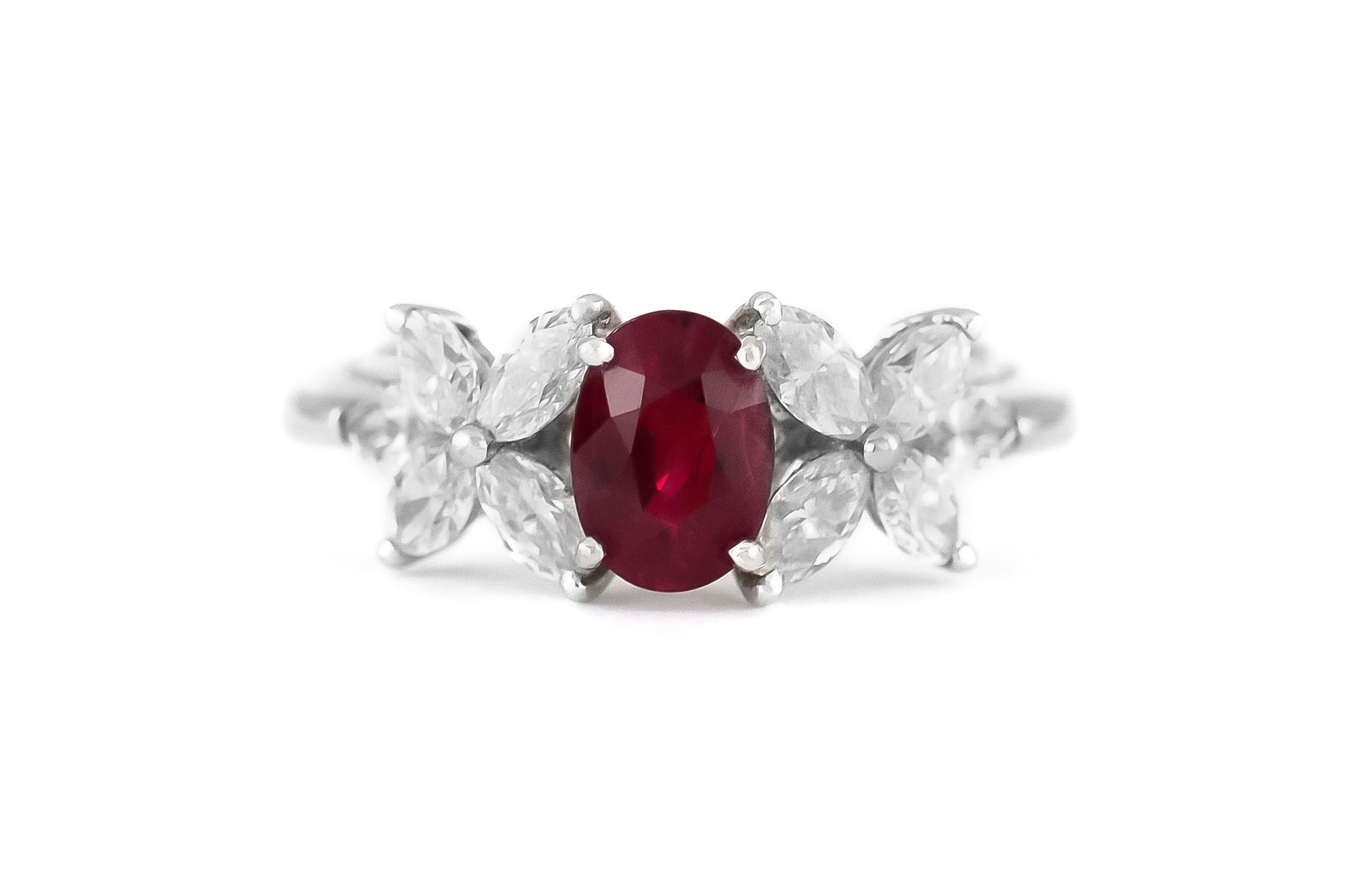 Vintage 1970s 0.93 Carat Oval Cut Ruby & 1.06 Carat Diamond Flowers Ring