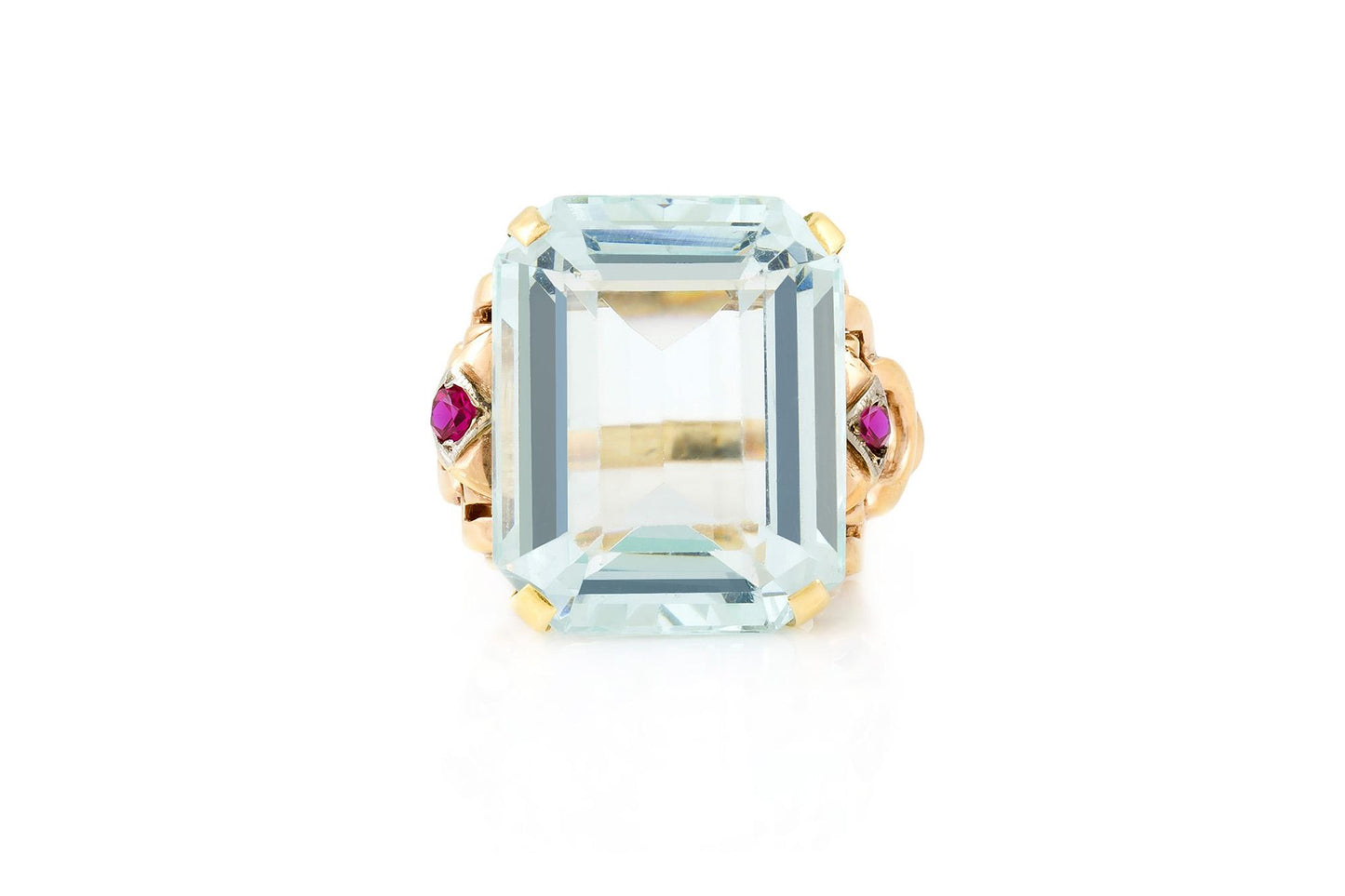 Vintage 1940s Retro 25.00 Carat Aquamarine Ring with Rubies