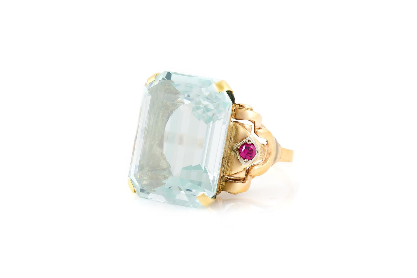 Vintage 1940s Retro 25.00 Carat Aquamarine Ring with Rubies