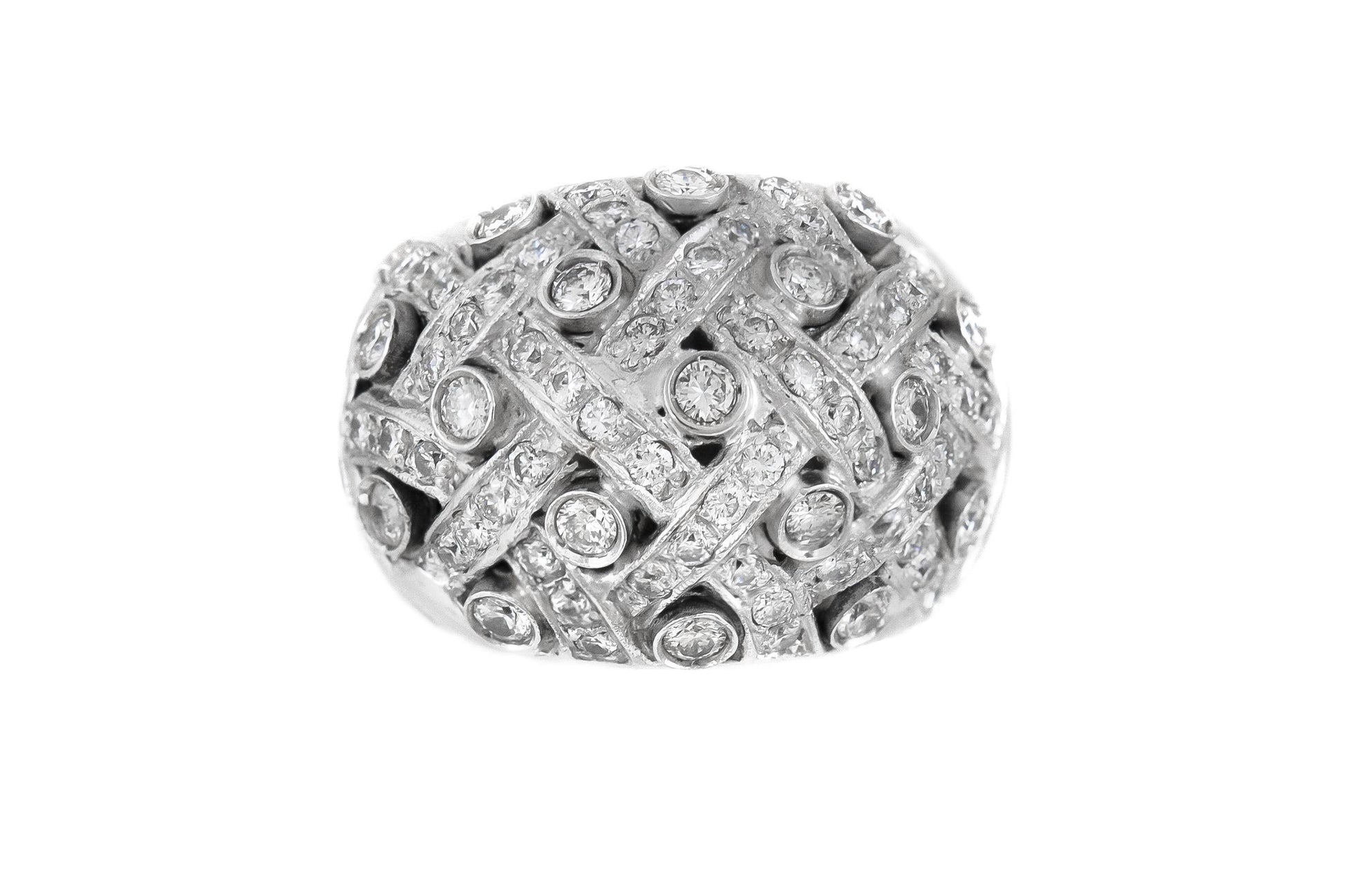 Vintage 1980s 3.40 Carat Diamond Basket Weave Bombe Ring