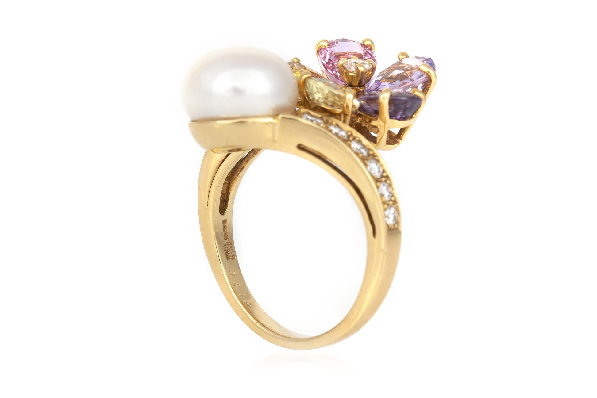 Bvlgari Pearl and Multi-Color Sapphire Flower Ring with Diamonds