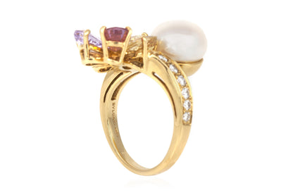 Bvlgari Pearl and Multi-Color Sapphire Flower Ring with Diamonds