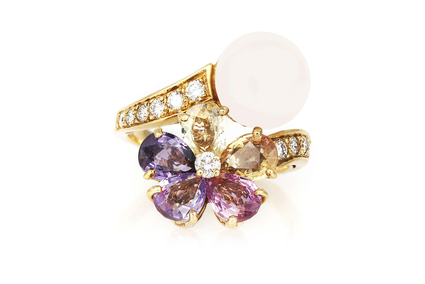 Bvlgari Pearl and Multi-Color Sapphire Flower Ring with Diamonds