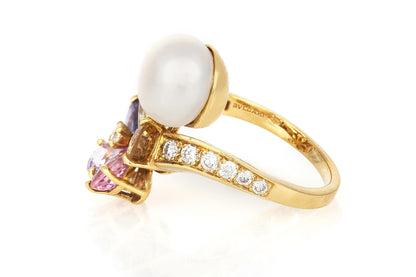 Bvlgari Pearl and Multi-Color Sapphire Flower Ring with Diamonds