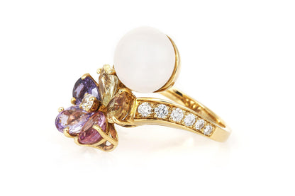 Bvlgari Pearl and Multi-Color Sapphire Flower Ring with Diamonds