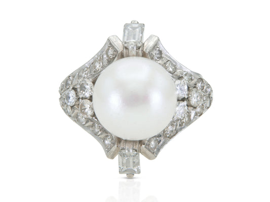 Vintage 1950s Pearl and Diamond Ring