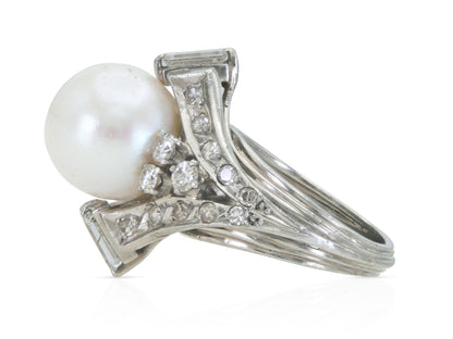 Vintage 1950s Pearl and Diamond Ring