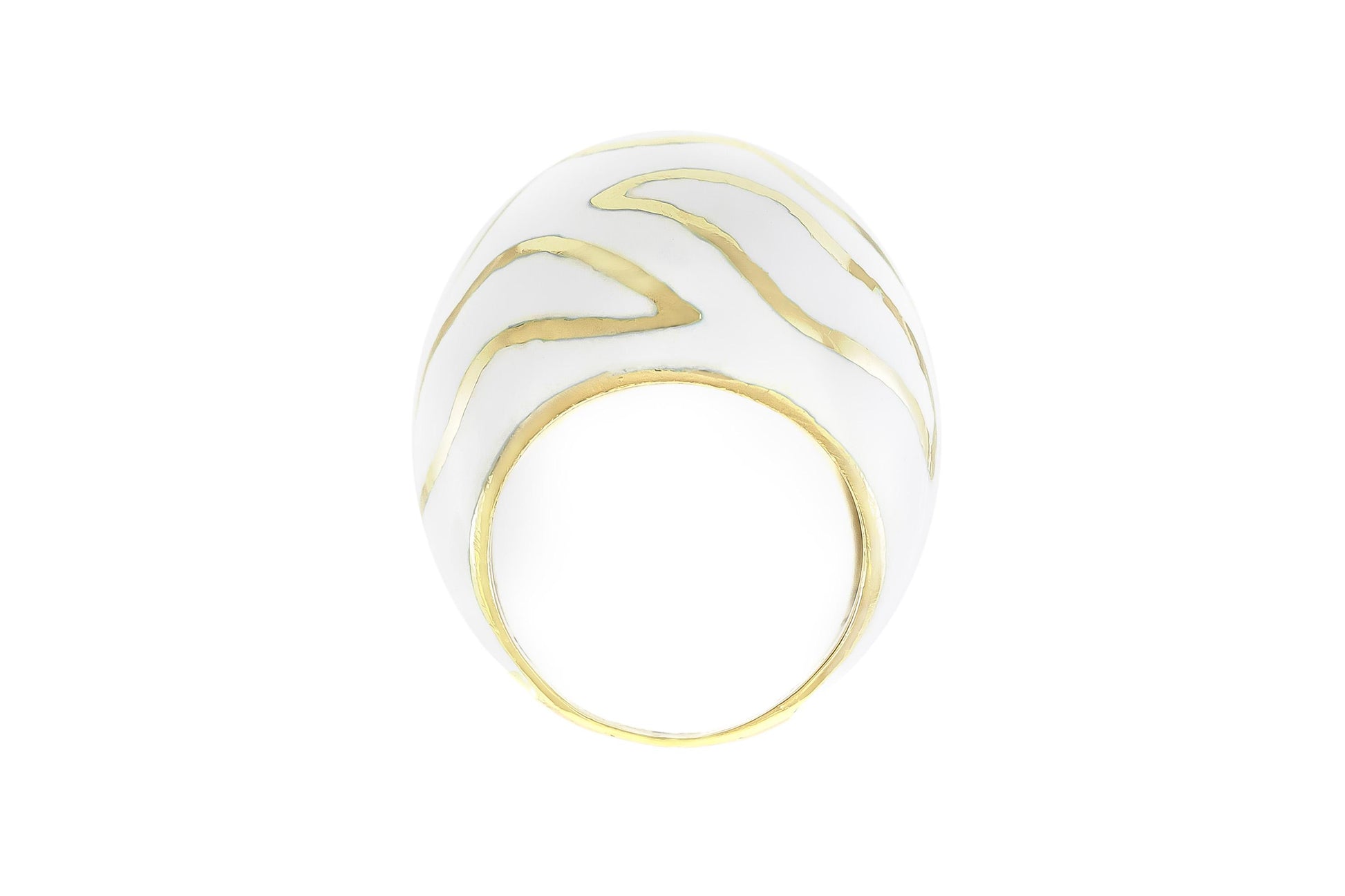 Vintage 1970s White Enamel and Gold Zebra Print Domed Ring