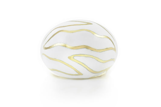 Vintage 1970s White Enamel and Gold Zebra Print Domed Ring