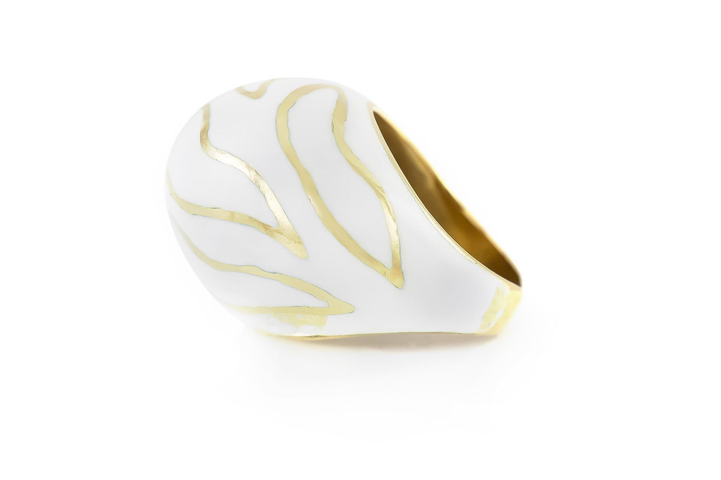 Vintage 1970s White Enamel and Gold Zebra Print Domed Ring