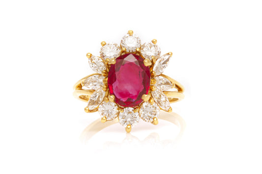 Vintage 1950s 2.28 Carat Oval Cut Burma Ruby and 2.00 Carat Diamonds Flower Ring